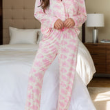 Printed Button Up Long Sleeve Top and Pants Lounge Set