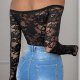 Perfee Lace Off-Shoulder Long Sleeve Bodysuit