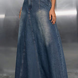 Raw Hem High Waist Denim Skirt with Pockets