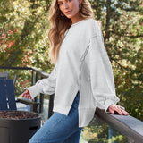 Slit Round Neck Long Sleeve Sweatshirt