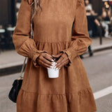 Frill Round Neck Long Sleeve Mini Dress