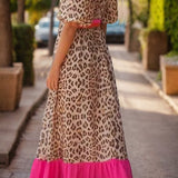 Full Size Leopard V-Neck Half Sleeve Maxi Dress