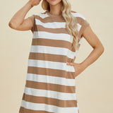 Basic Bae Full Size Striped Round Neck Cap Sleeve Mini Dress