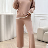 Round Neck Dropped Shoulder Top and Pants Sweater Set