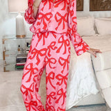 Bow Print Collared Neck Top and Pants Lounge Set