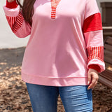 Plus Size Color Block Johnny Collar Long Sleeve Sweatshirt