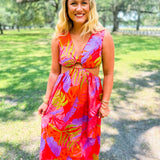 Tropical Vneck Cut-Out Maxi Dress- Fuschia