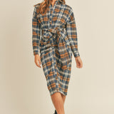 Mable Plaid Flannel Front Tie Button Down Shirt Dress