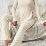 Ribbed Long Sleeve Slit Top and Bootcut Pants Set