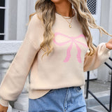 Bow Graphic Round Neck Long Sleeve Sweater