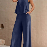 Round Neck Sleeveless Top and Wide Leg Pants Set