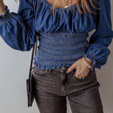 Smocked Long Sleeve Denim Top