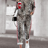 Leopard Round Neck Long Sleeve Top and Pants Set