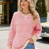 Slit Striped Round Neck Long Sleeve Sweatshirt