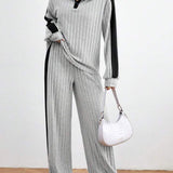 Contrast Collared Neck Long Sleeve Top and Pants Set