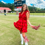 Satin Ruffle Smock Dress- Red