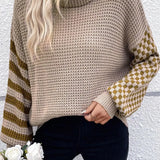 Checkered Striped Turtleneck Long Sleeve Sweater