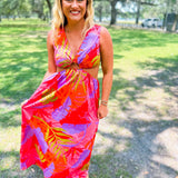 Tropical Vneck Cut-Out Maxi Dress- Fuschia