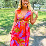 Tropical Vneck Cut-Out Maxi Dress- Fuschia