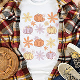 Pumpkin & Flower Round Neck Short Sleeve T-Shirt