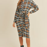 Mable Plaid Flannel Front Tie Button Down Shirt Dress