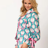 Tied Printed Collared Neck Long Sleeve Top and Shorts Set