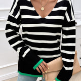 Striped V-Neck Long Sleeve Knit Top