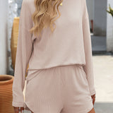 Double Take Round Neck Long Sleeve Top and Shorts Set