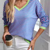 Contrast Trim Striped V-Neck Long Sleeve Knit Top