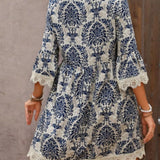 Lace Detail Printed V-Neck Mini Dress
