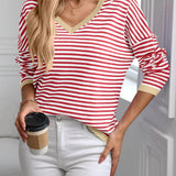 Contrast Trim Striped V-Neck Long Sleeve Knit Top