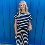 Striped Rib Short Sleeve Set - Navy