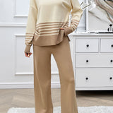 Devine Slit Striped Round Neck Top and Pants Sweater Set