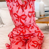 Bow Print Collared Neck Top and Pants Lounge Set