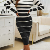 Color Block Round Neck Long Sleeve Midi Dress