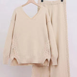 Slit V-Neck Long Sleeve Top and Pants Sweater Set