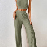 Ribbed Round Neck Tank and Pants Sweater Set