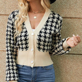 Houndstooth Button Up Long Sleeve Cardigan