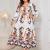 Plus Size Printed Surplice Flounce Sleeve Dress