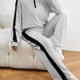 Contrast Collared Neck Long Sleeve Top and Pants Set