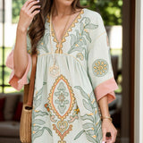 Printed V-Neck Three-Quarter Sleeve Mini Dress