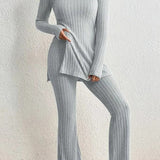 Ribbed Long Sleeve Slit Top and Bootcut Pants Set