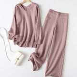 Slit V-Neck Long Sleeve Top and Pants Sweater Set