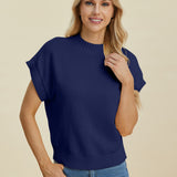 Double Take Full Size Mock Neck Short Sleeve Sweater