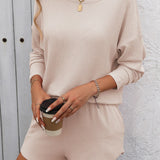 Double Take Round Neck Long Sleeve Top and Shorts Set