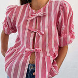 Tied Round Neck Balloon Sleeve Shirt