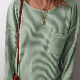 Plus Size Pocketed Ribbed Round Neck Long Sleeve Top