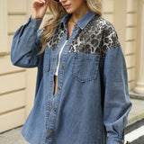 Leopard Button Up Long Sleeve Denim Jacket