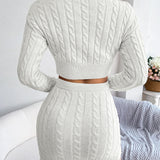 Cable-Knit Round Neck Top and Skirt Sweater Set