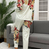 Shiny Printed Round Neck Top and Pants Lounge Set